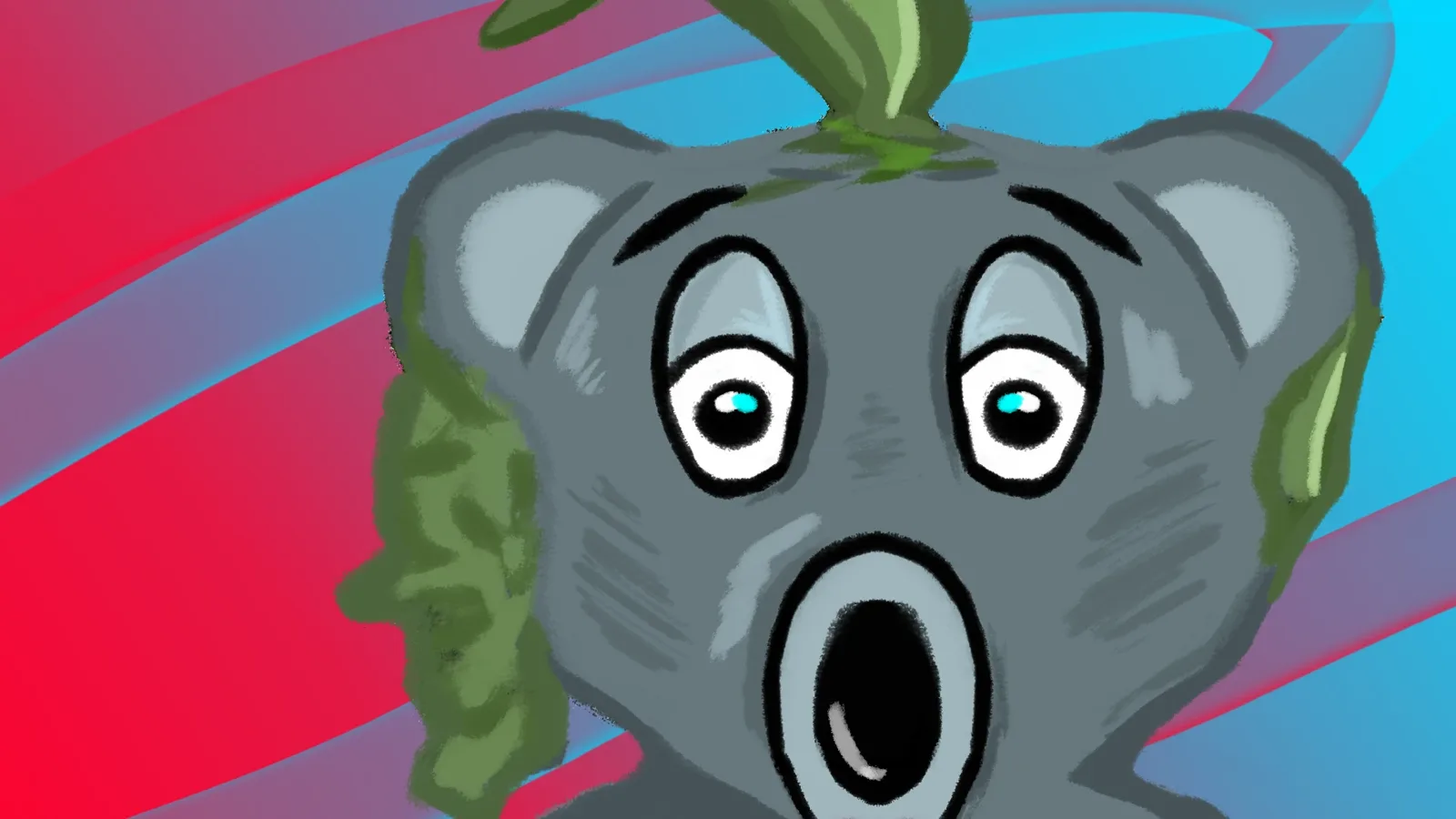 A startled Koaleaf, a koala with a leaf growing from its head